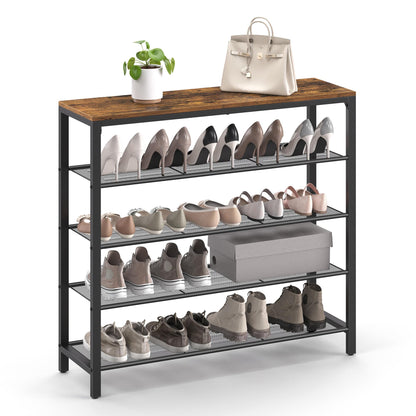 VASAGLE Shoe Rack, 5-Tier Shoe Storage Organizer with 4 Metal Mesh Shelves for 16-20 Pairs and Large Surface for Bags, for Entryway, Hallway, Closet, Industrial, Rustic Brown and Black ULBS15BX