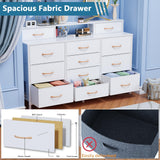 Furnulem White Dresser for Bedroom with LED Lights & Charging Station,55" Long Dressers & Chest of Drawers with 12 Storage Bins, Fabric Furniture for Closet,Hallway,2-Tier Shelf Wood Top,Metal Frame Furnulem