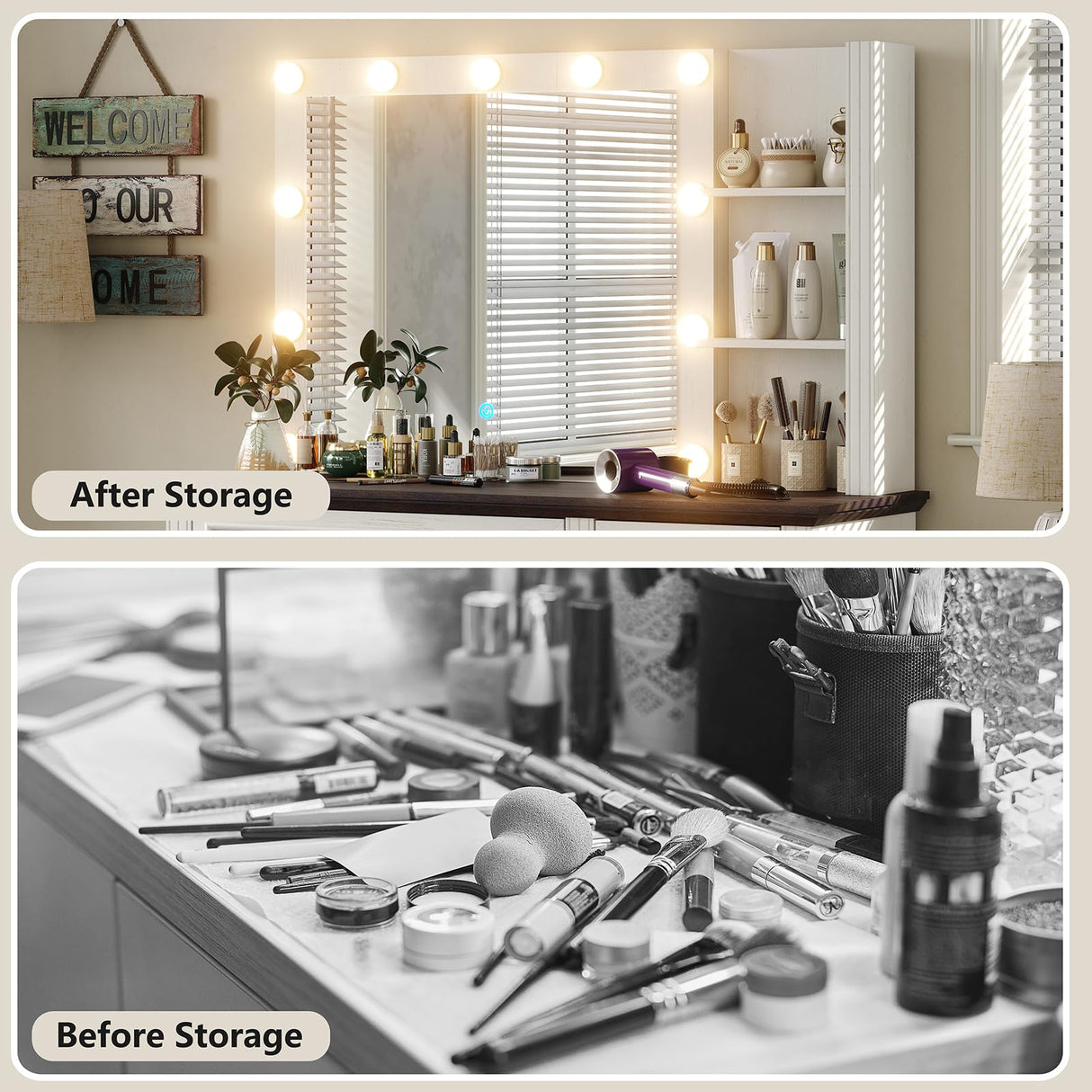 Diwnnue Farmhouse Vanity Makeup Desk, 43" W Vanity Desk with Lights Mirror and Drawers for Makeup, Big Modern Vanity Table Set with Vanity Stool for Bedroom, Antique White Diwnnue