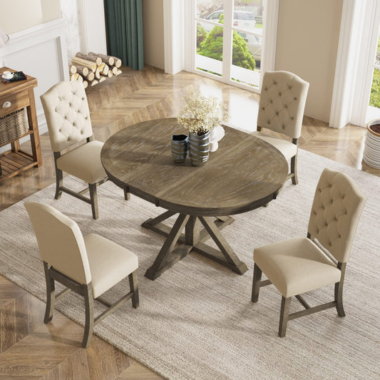 P PURLOVE Retro Style 5-Piece Round Dining Table Set for 4, Extendable Table with 4 Upholstered Chairs for Dining Room,Living Room - WoodArtSupply