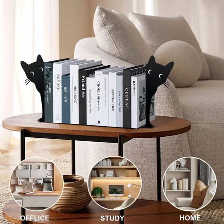 Peeping Cat Bookends,Metal Book Ends for Heavy Books for Shelves Decorative,Bookshelf Decor Home Office Desk for Cat Lover Gifts (Black Cat) HENART