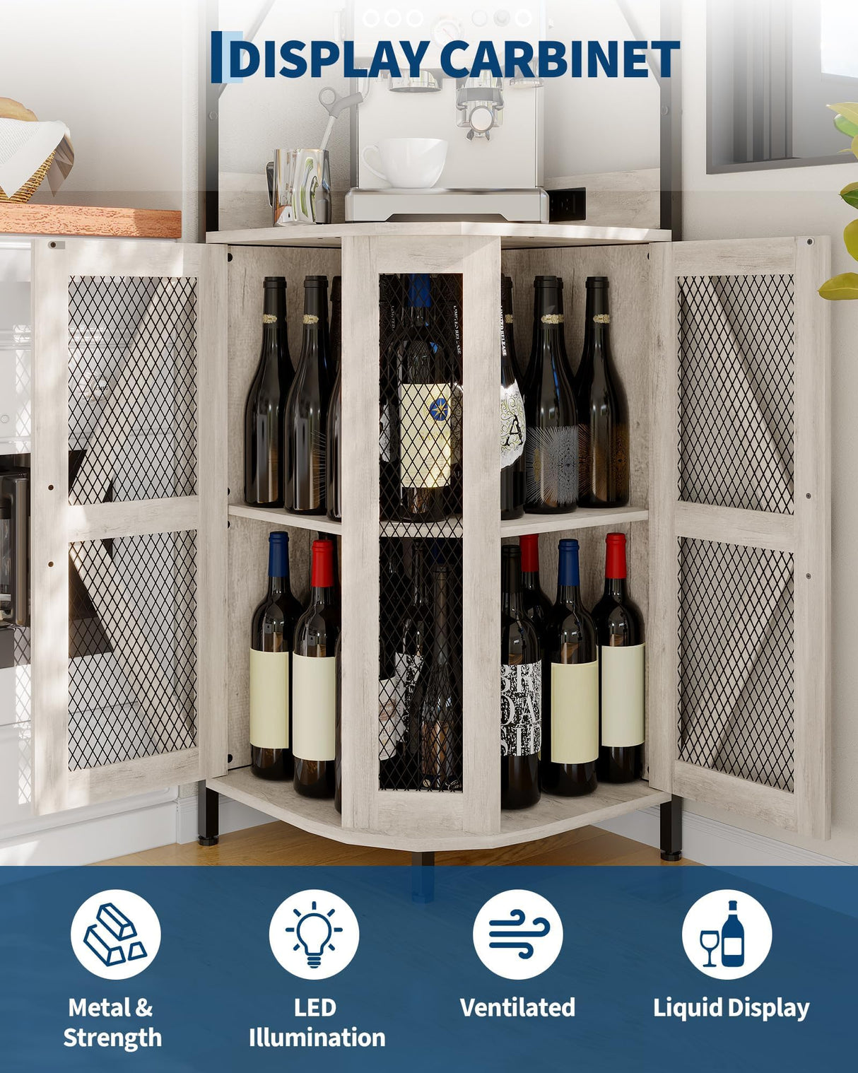 GAOMON 4-Tier Corner Wine Rack, Freestanding Foldable Bar Cabinet, Industrial Metal and Wood Wine Storage Shelf for Small Spaces, Living Room & Kitchen, Grey GAOMON