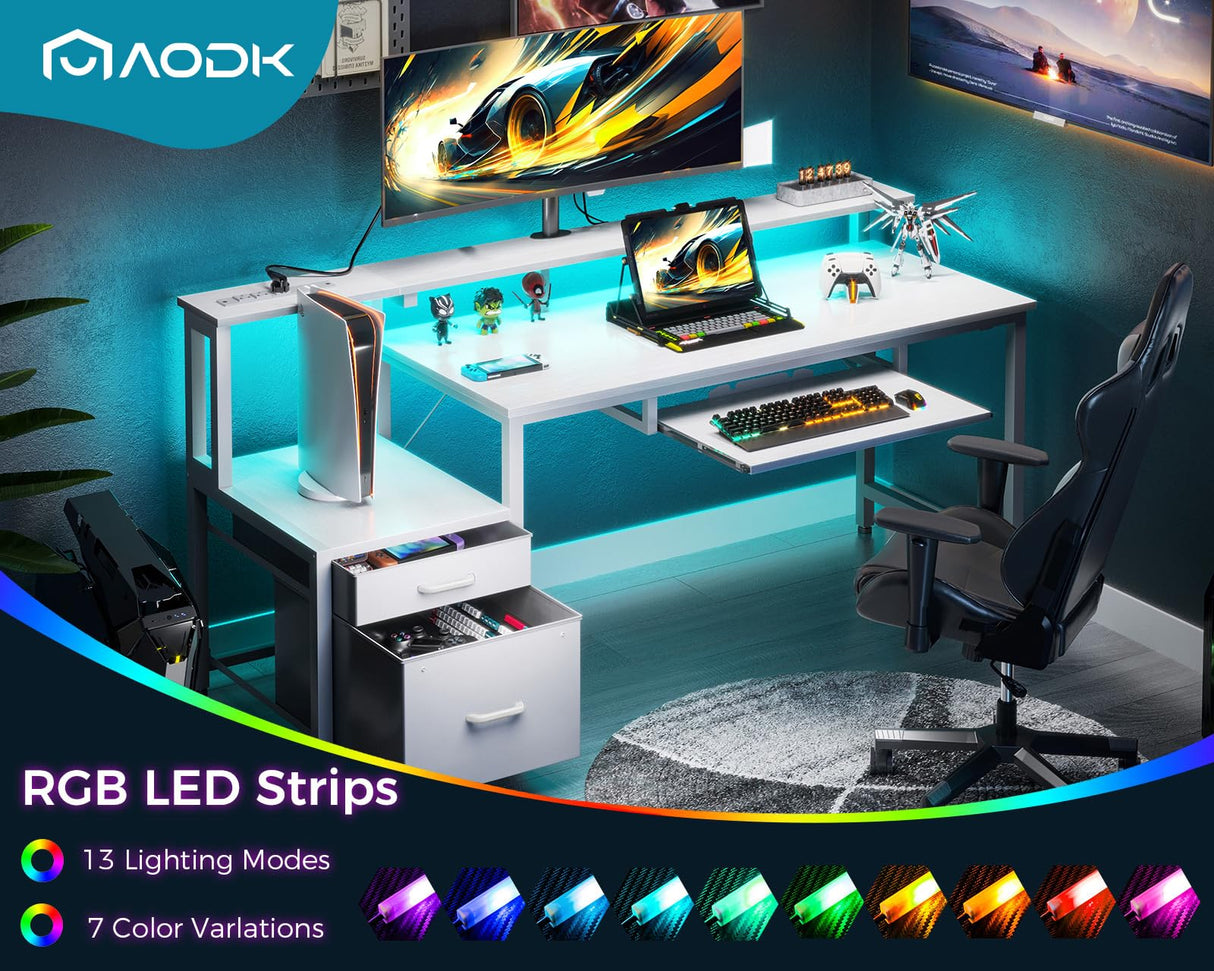 AODK 63" Computer Desk with Fabric File Cabinet and Drawer, Reversible Office Desk with Power Outlet and LED Light, Study Desk with Printer Stand, Keyboard Tray, Full Monitor Riser and PC Stand, White AODK