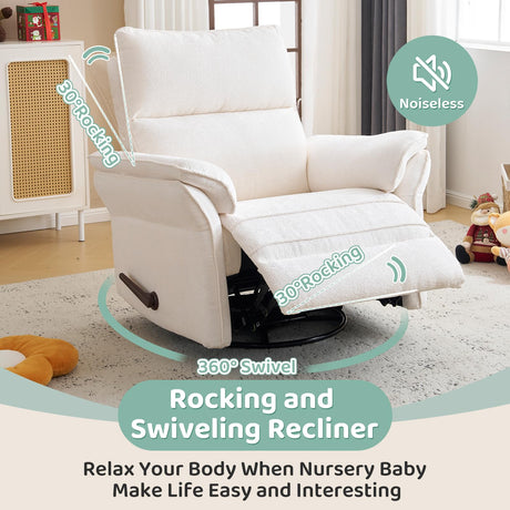 Oversized Rocking Chair Nursery with Adjustable Headrest, 26" Extra Wide Glider Recliner Nursery Chair for Nursery, 360° Swivel Rocker Recliner with Overstuffed Armrest, White RUTOX