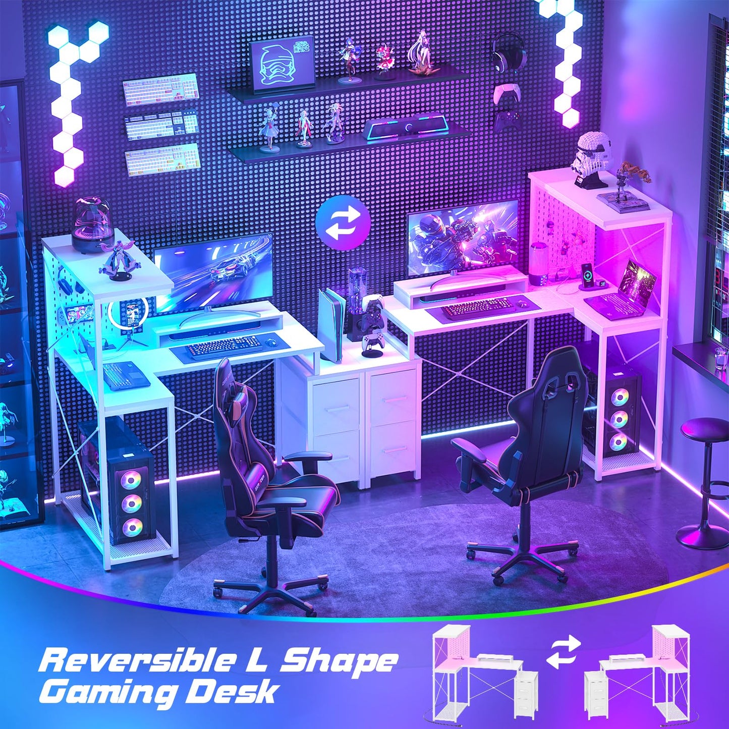 L Shaped Gaming Desk with 2 Fabric Drawers - Reversible Computer Desk with Power Outlet & LED Lights, 48" Corner Desk with Monitor Stand & Storage Shelves, Office Study Table with Pegboard, White