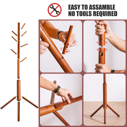 FILWH Bamboo Coat Rack Freestanding Coat Rack Tree Adjustable with 3 Sections & 8 Hooks Coat Hanger Stand for Bedroom Hallway Entryway Bedroom(Brown)