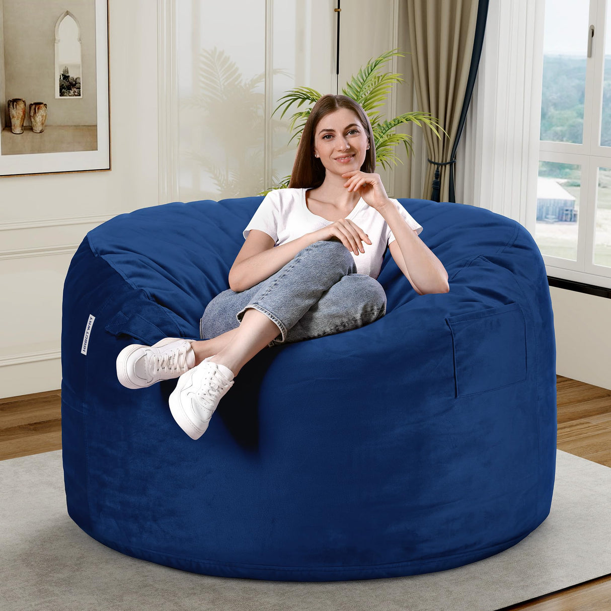 HABUTWAY Bean Bag Chair 3Ft Luxurious Velvet Ultra Soft Fur with High Rebound Memory Foam Bean Bag Chairs for Adults Plush Lazy Sofa with Fluffy Removable Sponge 3' (Blue) HABUTWAY