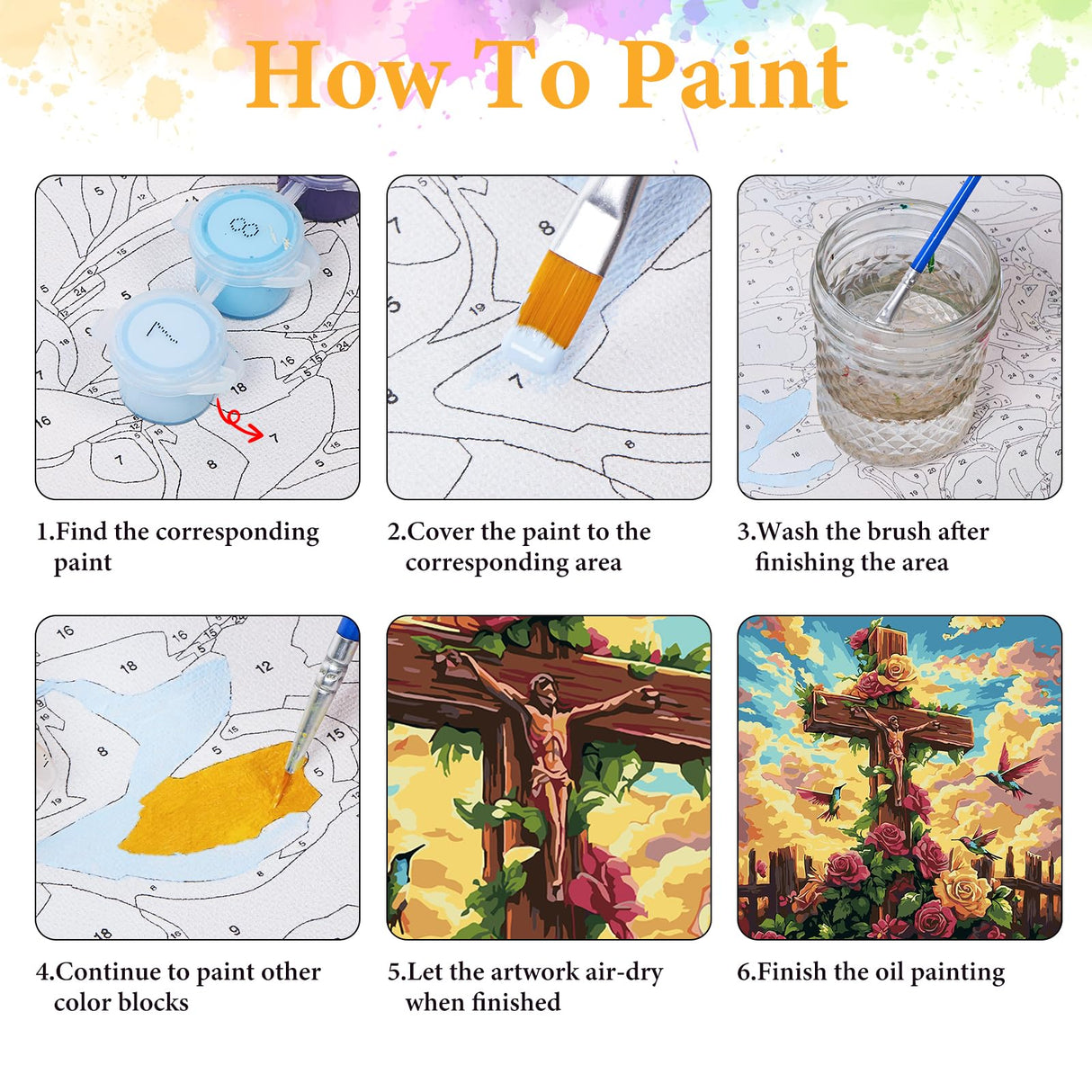 Paint by Numbers Kit for Adults Beginner Religious Cross, Flower Adult Paint by Number Kits on Canvas, Jesus DIY Acrylic Oil Painting by Numbers for Adults, Perfect for Home Wall Decor 16X16 Inch Okarina