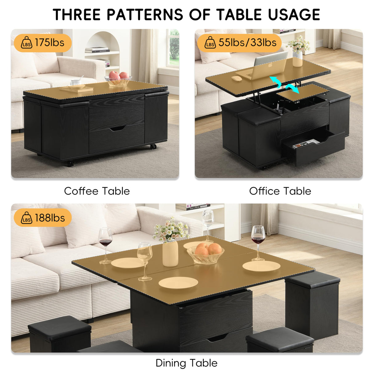 Christopher Knight Home Lucid Wooden Lift Top Coffee Table with Hidden Storage and 4 Stools, Center Table for Living Room with Compartment/Drawer, Multifunctional Table with Casters, Black Christopher Knight Home