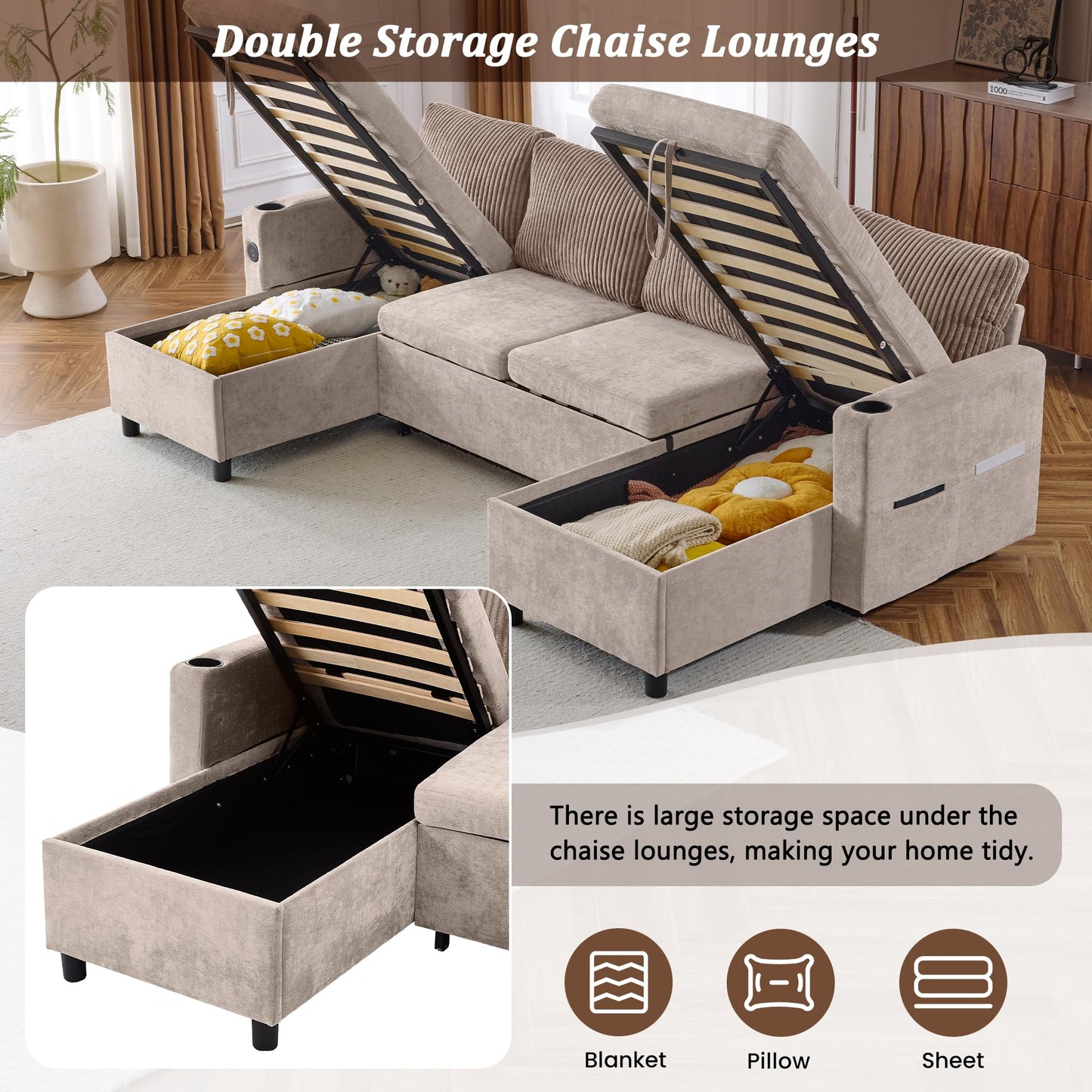 ZEIINPA 111.8" Chenille Pull Out Couch Sleeper with Double Storage Chaise, U Shaped Convertible Sectional Sleeper Sofa for Living Room with USB Charging Ports, Cup Holder, Corduroy Pillows-Brown