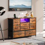 EKNKOZY Dresser TV Stand with 8 Drawers, Dresser TV Stand with LED Lights & Power Outlets, Bedroom Dresser, Chest of Drawers for 55'' Long TV, Wide Fabric Dresser (Rustic Brown) EKNKOZY