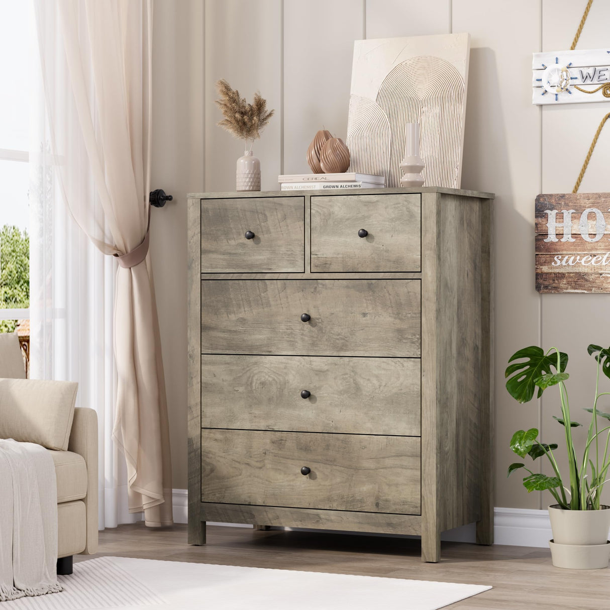 GarveeHome Grey 5 Drawer Dresser for Bedroom, Modern Tall Dresser Organizer with Storage Drawers, Wooden Chests of Drawers for Bedroom, Entryway, Hallway, Home Office GarveeHome