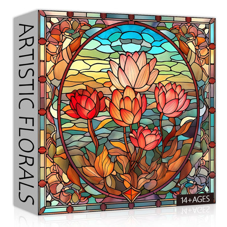 PICKFORU Stained Glass Flower Puzzles for Adults 1000 Pieces, Vintage Art Puzzles Floral, Impossible Hard Challenging Puzzles for Adults, Colorful Stained Glass Jigsaw Puzzle PICKFORU