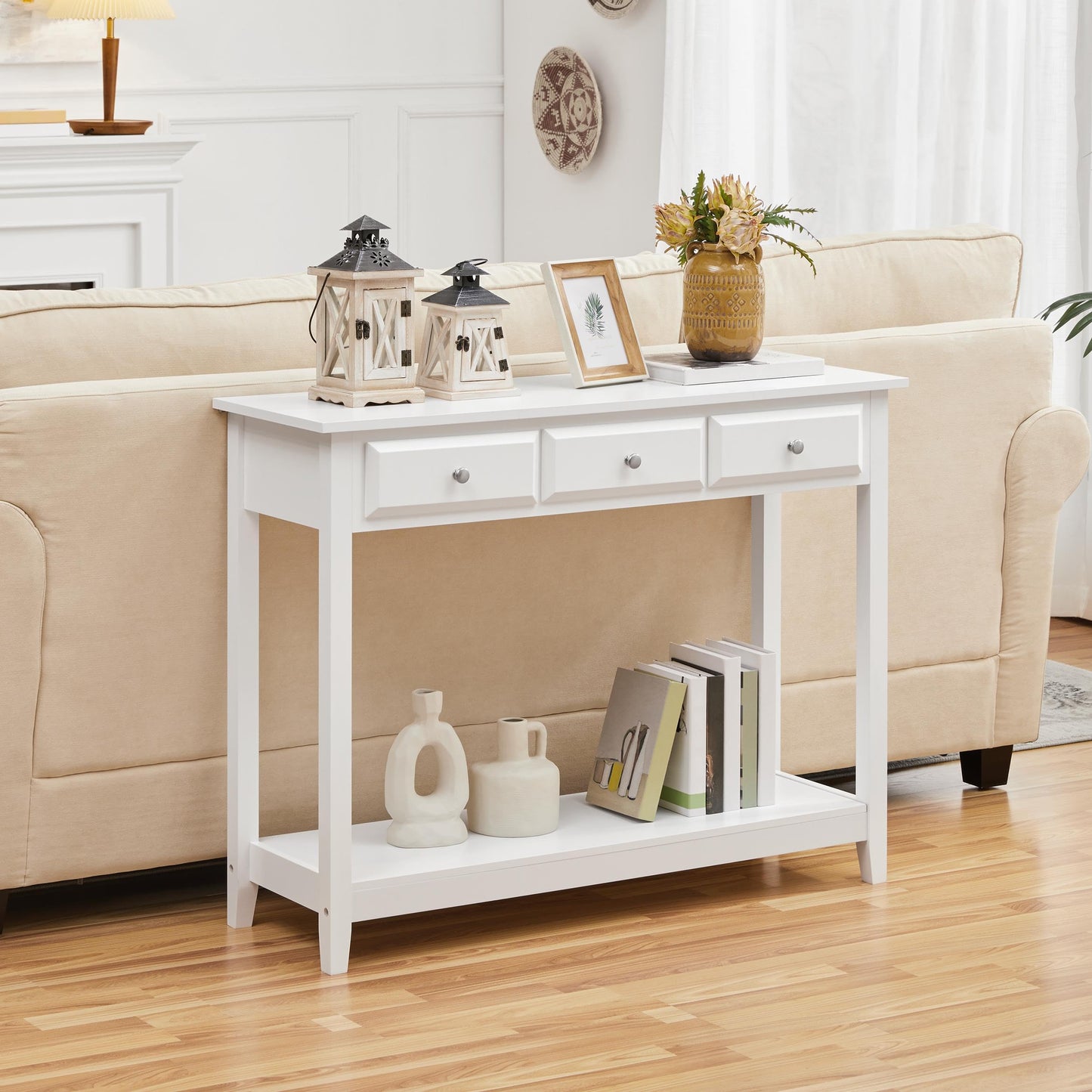 Yaheetech Console Table with 3 Drawers, 42" Entryway Table with Storage Shelves, Narrow Long Sofa Couch Table for Living Room, Hallway, Foyer, Hall, White - WoodArtSupply