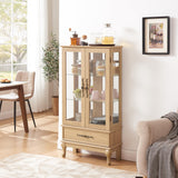 Glass Display Cabinet with Doors and Drawer, Lighted Curio Display Cabinet with Adjustable Glass Shelves and Mirrored Back Panel, Retro Floor Standing Storage Cabinets for Living Room, Light Oak BAOMKONG