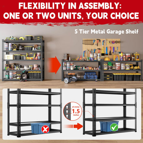 Lauxery Heavy Duty Garage Shelving, 5-Tier Storage Rack 3000LBS Capacity 48" W x 72" H x 24" D, Adjustable Storage Shelves, Boltless Assembly Shelving Unit for Workshop, Basement & Garage Organizer Lauxery