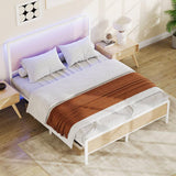 GAOMON Full White Rattan Bed Frame with LED Lights, Modern Rattan Platform Bed Frames with Headboard, Heavy Duty Bed Frame with Metal Slat Support, No Box Spring Needed, Easy Assembly GAOMON