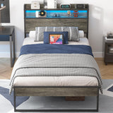 Elephance Twin Bed Frames with Charging Station and LED Lights, Metal Bed Frame with 2-Tier Storage Headboard, No Box Spring Needed, Noise Free, Easy Assembly Elephance