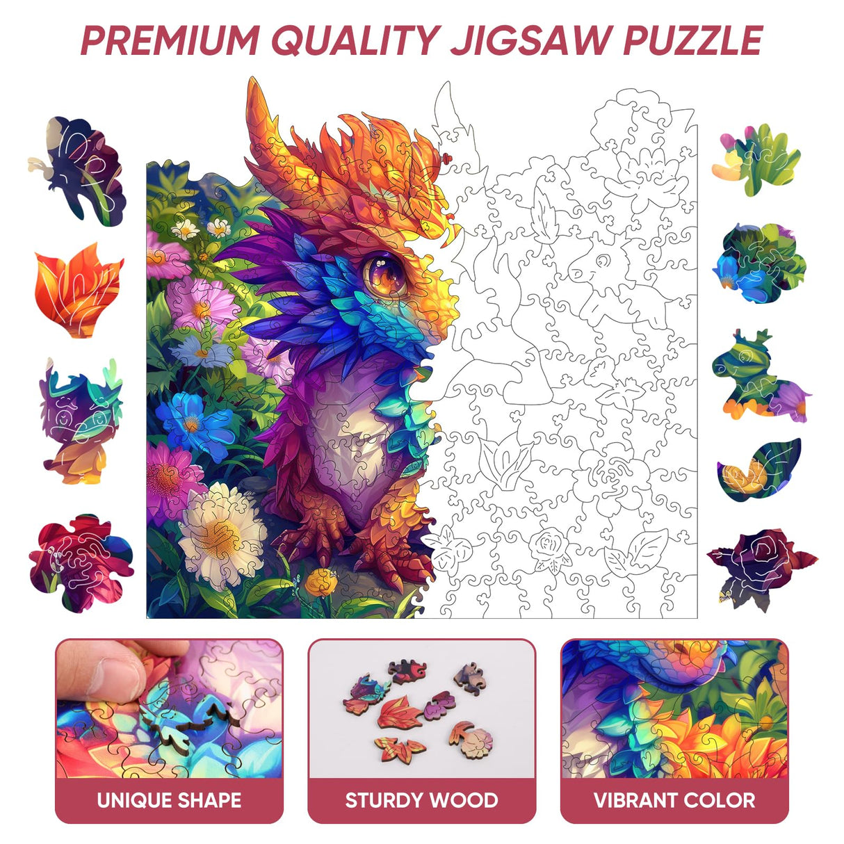 Qiuenisray Wooden Jigsaw Puzzles 500 pieces-Dragon,Medium,16.3x16.5in,Royal,Wooden Puzzles for Adults,Unique Shape Animal Adult Puzzles,Irregular Wood Puzzles Best Gift for Adults and Kids Family Game Qiuenisray