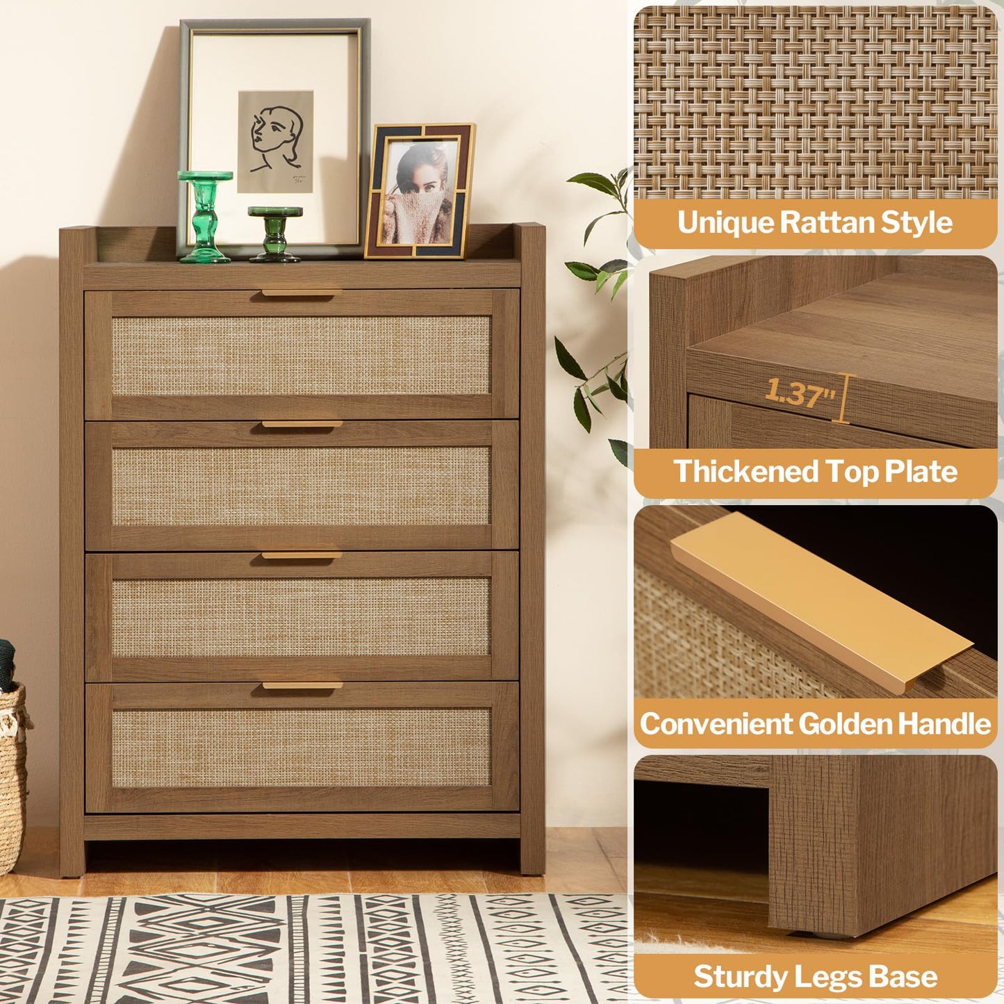 SICOTAS Dresser for Bedroom Chest of Drawers Tall Dresser with 4 Rattan Drawers Wood Dresser for Closet Boho Clothes Storage Tower Large Nightstand Sets for Living Room Hallway Nursery Entryw - WoodArtSupply