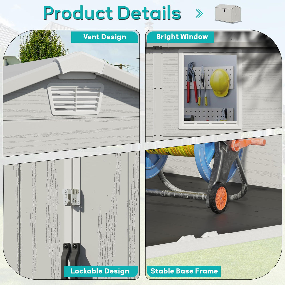 Greesum 6×10FT Plastic Outdoor Storage Shed with Floor, Resin Storaged Sheds with Lockable Double Door, Windows & Vents, All-Weather Tool Sheds for Garden, Backyard, Patio, Light Gray Greesum