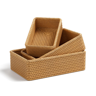 LAVNTM Rattan Storage Basket, 3 Pack Hand Woven Rectangular Fruit Baskets for Serving, Picnic Basket, Wicker Storage for the Living Room Kitchen (Honey Brown)