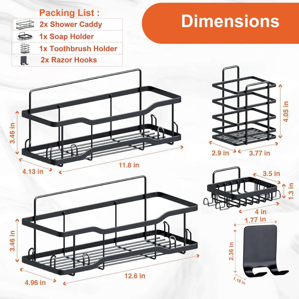 Shower Caddy Bathroom Shelves, The Athena Silken 4 Set, 40LB Capacity, Adhesive Tape No Drill - Rustproof -Gorgeous Powder Coated 304 Stainless Steel Shower Organizer for kitchen & Home Decor - Black Tribal Cooking