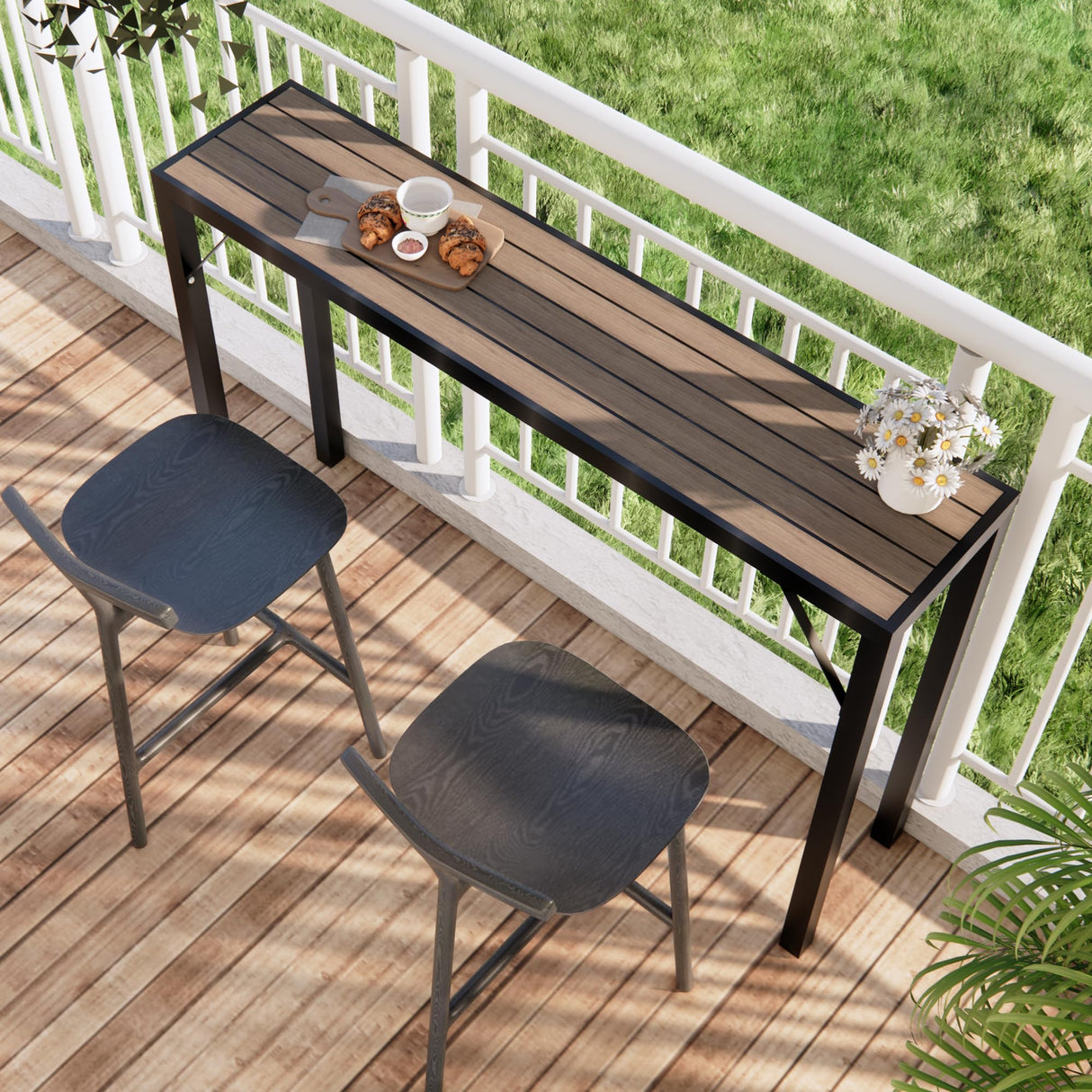 Raysfung Outdoor Bar Table, 55” Patio Bar Height Table, Bar Counter Pub Dining Table with Waterproof Top for Balcony, Garden, Yard, Poolside (Brown) Raysfung