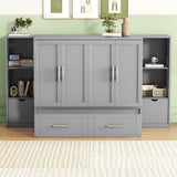 Queen Murphy Bed with Storage Bookcase Shelves,Drawers and Charging Station,Wood White Folding Murphy Chest Bed Cabinet for Adults，Grey MERITLINE