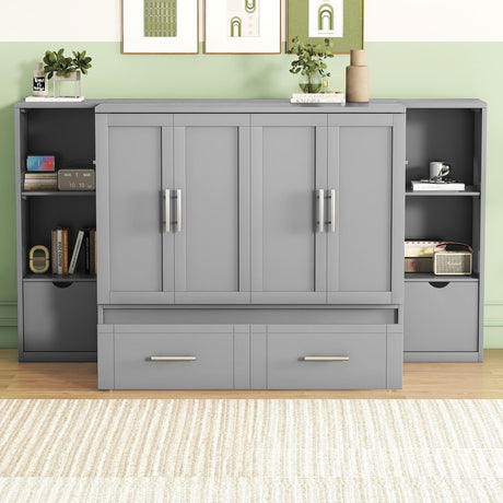 Queen Murphy Bed with Storage Bookcase Shelves,Drawers and Charging Station,Wood White Folding Murphy Chest Bed Cabinet for Adults，Grey MERITLINE