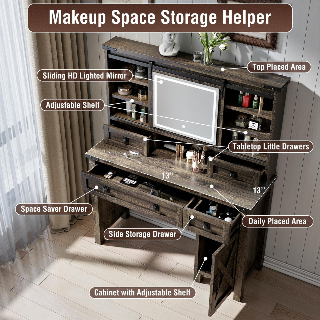 Captain Winters 42.13'' Farmhouse Makeup Vanity Desk with Sliding HD Mirror and Lights, Makeup Vanity with 4 Drawers & Cabinet, Farmhouse Vanity for Bedroom,Dark Barnwood Grey Captain Winters