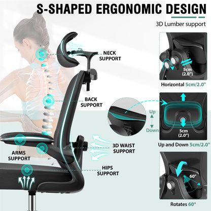 AtHope Drafting Chair, Tall Office Chair with 3D Lumbar & Head Support, Ergonomic Mesh Standing Desk Chair with Footring, Comfy Extended High Desk Chair with Flip-Up Arms & Hanger (Black)