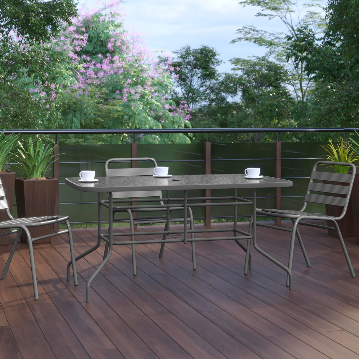 Flash Furniture Tory 31.5" x 55" Rectangular Tempered Glass Metal Table with Umbrella Hole, Silver Flash Furniture