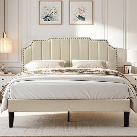 VECELO Full Upholstered Platform Bed Frame with Tufted Adjustable Headboard/Mattress Foundation/Wood Slat Support,Easy Assembly,Beige VECELO