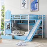 Harper & Bright Designs Full Over Full Bunk Bed with Slide and Stairs, Castle Style Bunk Beds with Storage Drawers and Shelves, Wooden Loft Bunk Bed Frame for Kids, Teens, Boys & Girls (Blue) Harper & Bright Designs