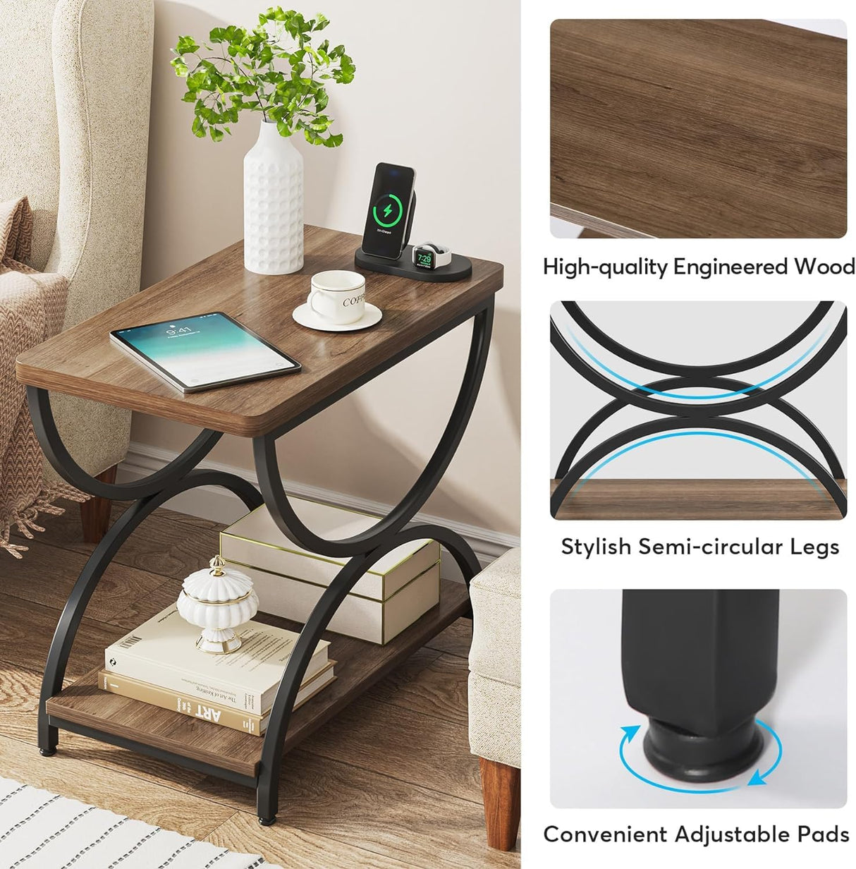 Tribesigns 2-Tier End Side Table with Stylish Metal Frame, Vintage Rectangular Bedside Nightstand for Bedroom, Wood and Metal Chair Side Tables Living Room (1, Brown Grey+Black) Tribesigns