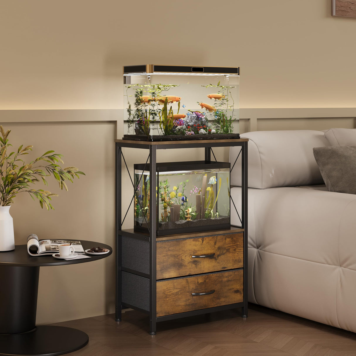 Welfuturer 10 Gallon Aquarium Stand with 2-Tier Shelf Fish Tanks Stand with 2 Drawers Metal Frame Heavy Duty Reptile TurtleTank Stand with Storage for Home Offic Fish Tank Accessories Storage, Brown Welfuturer