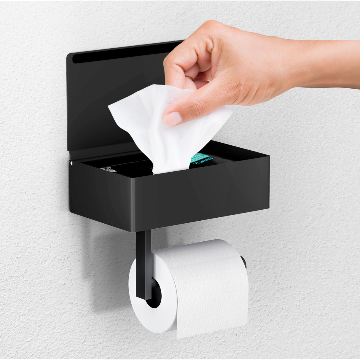 Day Moon™ Matte Black Toilet Paper Holder with Shelf, Wipe Holder for Bathroom Flushable Wipes Dispenser Toilet Paper and Wipes Holder Toilet Paper Holder with Storage, Toilet Paper Holder Wall Mount Day Moon Designs