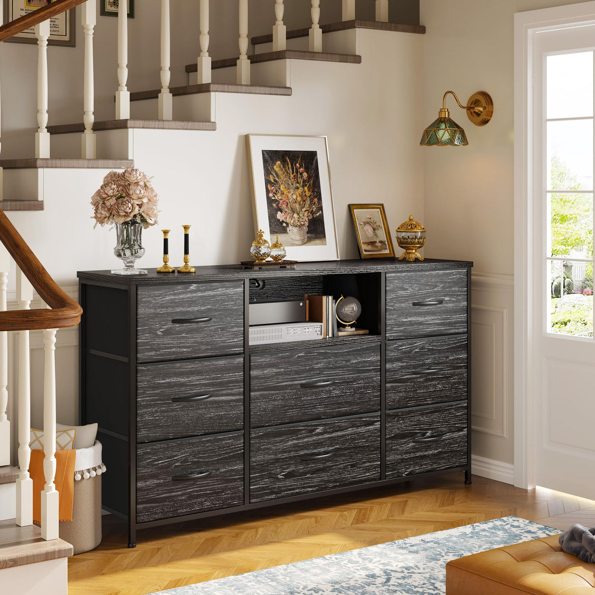 EnHomee Black Dresser for Bedroom with Charging Station, 8 Drawers Dressers & 55 inch TV Stand for Bedroom, Fabric Chest of Drawers with Open Shelves, Sturdy Dresser for Closet Living Room, Hallway EnHomee