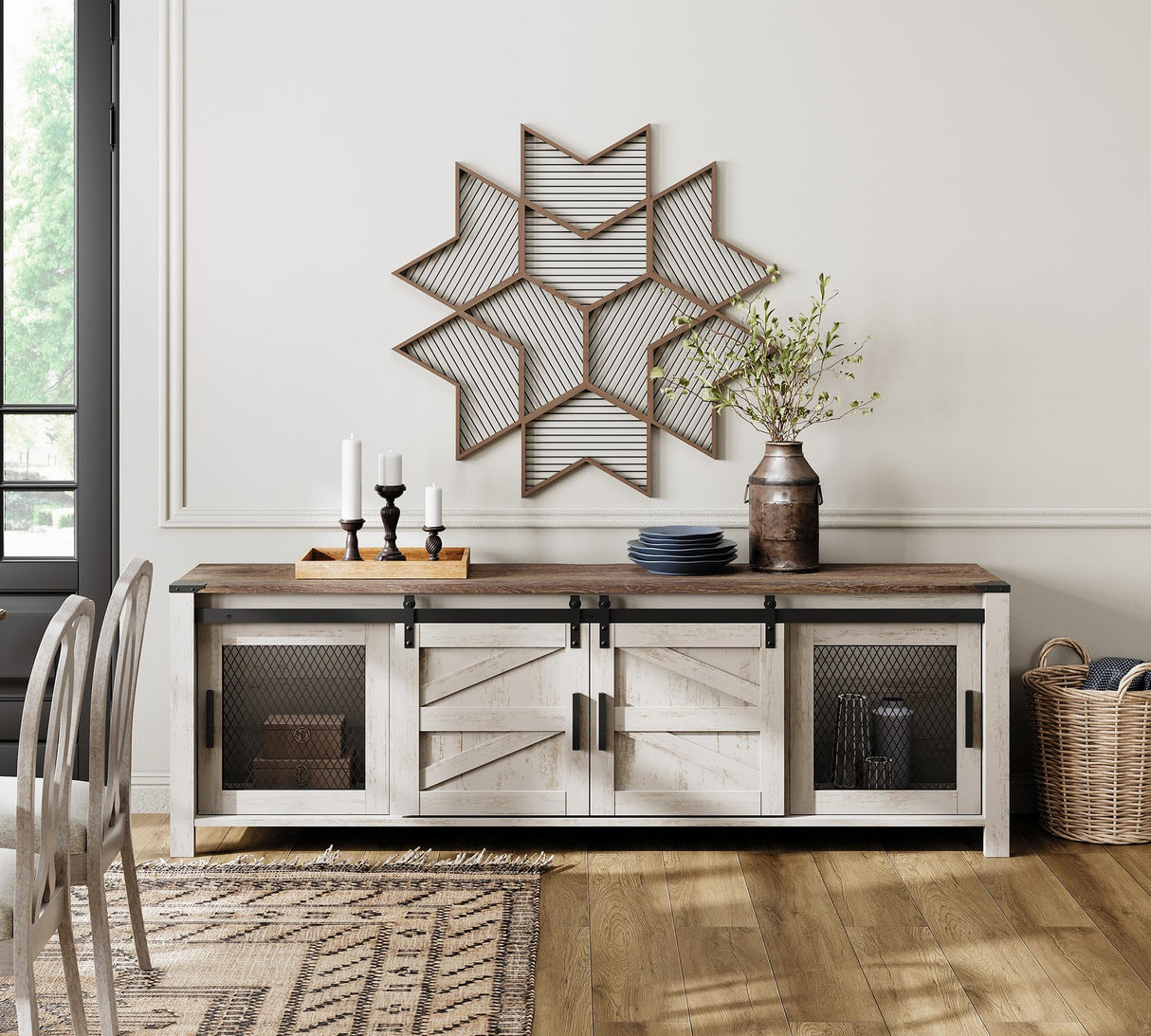 WAMPAT Farmhouse TV Stand for ups to 75 inch TV, Wooden Entertainment Center with Mesh Barn Doors, Media Console with Storage Shelf for Living Room Bedroom, Rustic Oak and White WAMPAT