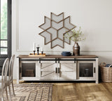 WAMPAT Farmhouse TV Stand for ups to 75 inch TV, Wooden Entertainment Center with Mesh Barn Doors, Media Console with Storage Shelf for Living Room Bedroom, Rustic Oak and White WAMPAT