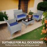 CHNBJY Patio Furniture Set 4 Pieces Outdoor Rattan Chair Wicker Sofa Garden Conversation Bistro Sets for Yard,Pool or Backyard (Grey + Blue Cloth) CHNBJY