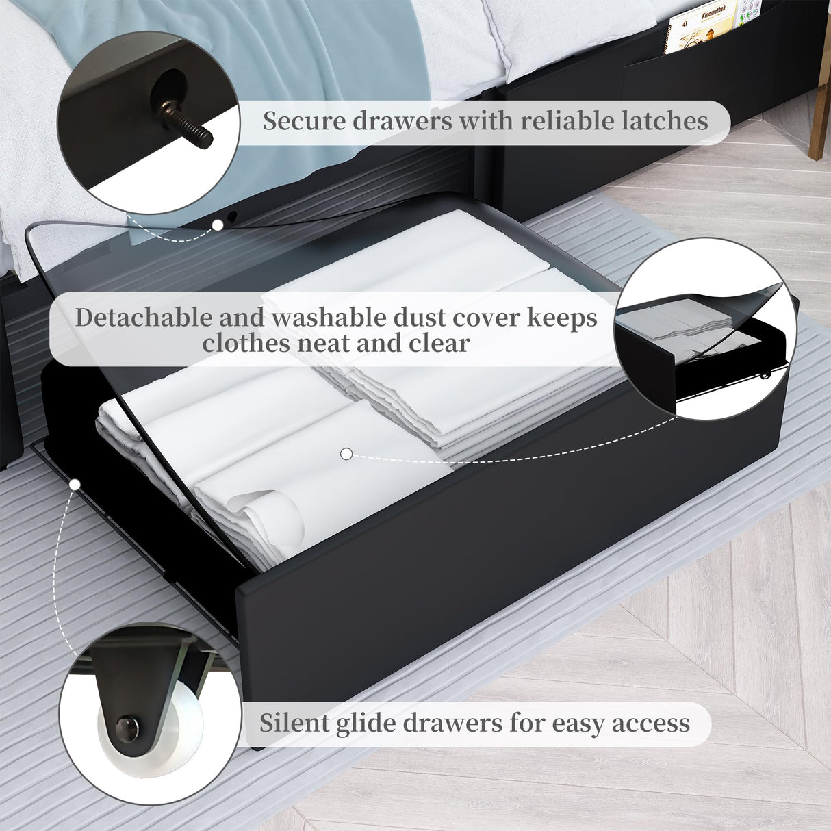 SIBEDS Queen LED Bed Frame with 2 Drawers, Storage Platform Beds with Upholstered Crystal Button Tufted Headboard Footboard, 2 Side Pockets, No Box Spring Needed, PU Black SIBEDS