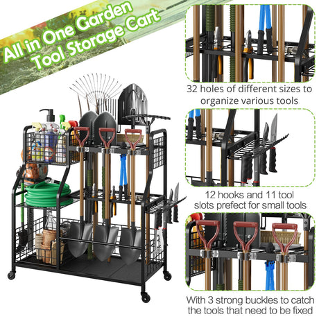 keomaisyto Garden Tool Organizer with Heavy Duty Wheels for Garage - with 2 Baskets, Large Yard Tool Organizer and Storage Holder, Utility Garden Tool Rack for/Shed/Garage/Yard/Basement/Lawn keomaisyto