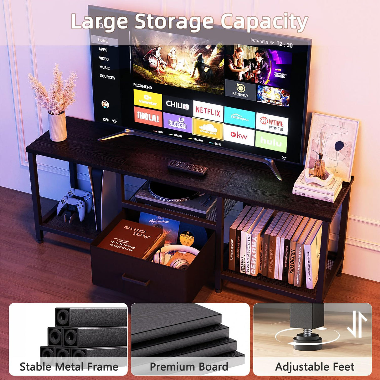 Ginzeca Stylish Television Stand with Fabric Storage Drawer for TV up to 55 Inches,Extra Strong Load Bearing,TV Media Console Table with Open Storage Shelves for Living Room, Bedroom,Home Office Ginzeca