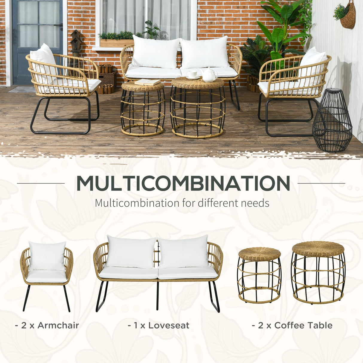 Outsunny 5 Piece PE Rattan Outdoor Furniture Set with Cushioned Chairs & Loveseat Sofa, Patio Sectional Furniture Set, Conversation Sofa Set with Stackable Coffee Tables, Cream White Outsunny