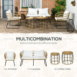 Outsunny 5 Piece PE Rattan Outdoor Furniture Set with Cushioned Chairs & Loveseat Sofa, Patio Sectional Furniture Set, Conversation Sofa Set with Stackable Coffee Tables, Cream White Outsunny