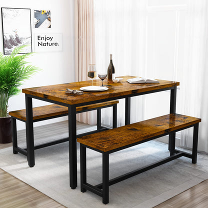 Recaceik Dining Table Set for 4 Kitchen Table Set with 2 Dining Benches, 3 Piece Farmhouse Dining Room Table Set Industrial Breakfast Nook Table Set for Small Space, Apartment, Rustic Brown - WoodArtSupply