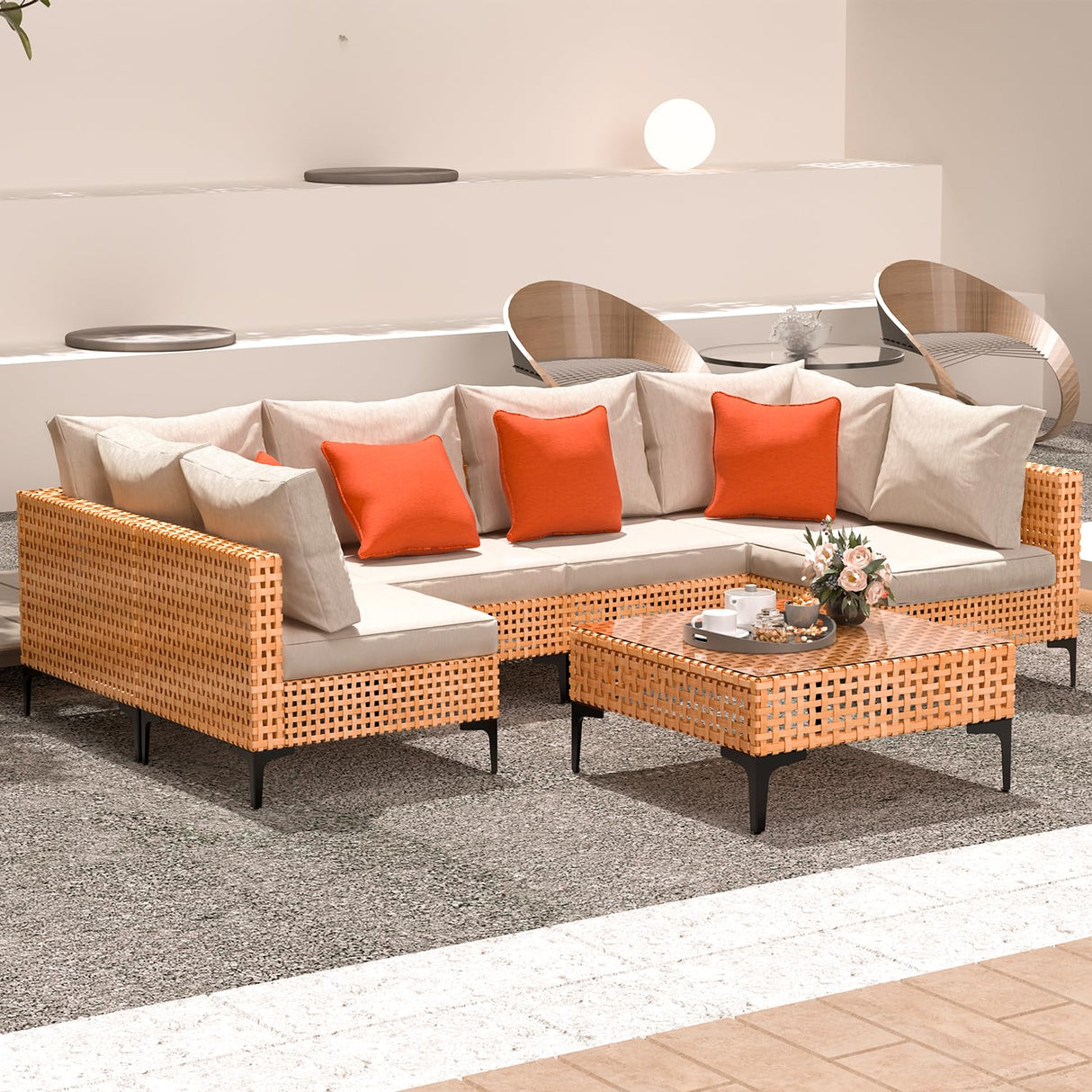 ARTBUSKE 7 Piece Outdoor Patio Furniture Set Modular Outdoor Furniture Set Wicker Outdoor Sectional Sofa with Table Patio Set for Balcony Porch Deck Yard (Salmon&Orange Wicker, Sand Cushion) ARTBUSKE