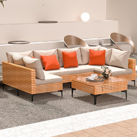 ARTBUSKE 7 Piece Outdoor Patio Furniture Set Modular Outdoor Furniture Set Wicker Outdoor Sectional Sofa with Table Patio Set for Balcony Porch Deck Yard (Salmon&Orange Wicker, Sand Cushion) ARTBUSKE